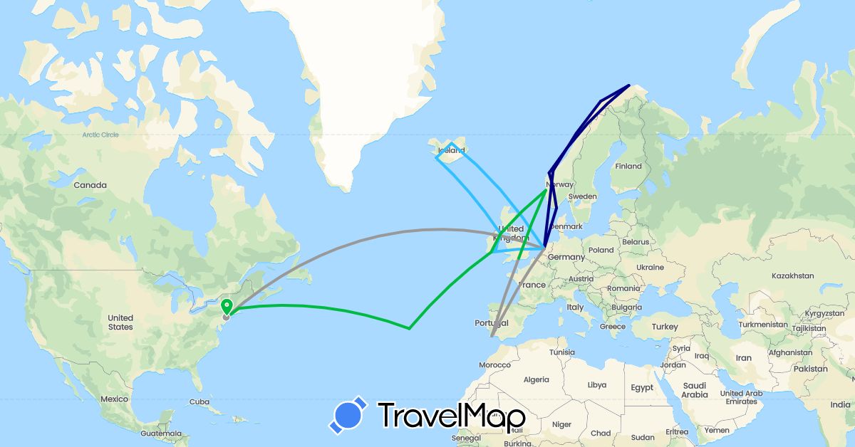 TravelMap itinerary: driving, bus, plane, boat in United Kingdom, Ireland, Iceland, Netherlands, Norway, Portugal, United States (Europe, North America)